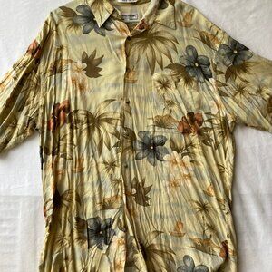 Vintage Pierre Cardin Hawaiian Camp Shirt Hibiscus Palm Rayon Size L Mens Yellow